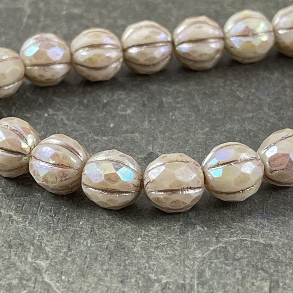 8mm Beige Faceted Melon Shape Bead with AB Finish ~ Czech Glass Beads ~ Beige with AB and Metallic Beige Wash (8FM/N-1779) * Qty. 10