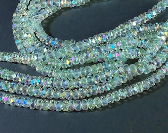Faceted Glass Beads - 4x2.5mm Heishi Rondelles, Very Light Green with AB Finish (LtGreenAB) * 7" Strand