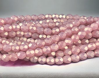 Czech Beads, 6mm Czech Glass Fire Polished Beads, 6mm Faceted Round Beads - Powered Pink with Golden Luster (FP6/SM-MSG71010) * Qty 25