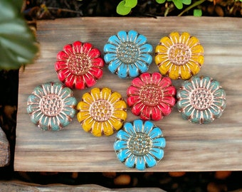 Flower Assortment Sampler, Czech Glass Beads -Turquoise Green, Coral Red, Blue and Yellow 13mm Sunflower Glass Beads (BB323.06) * Qty. 8