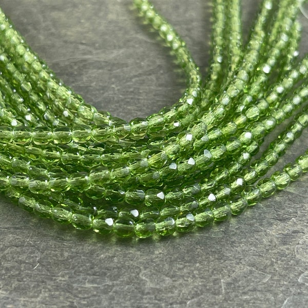 Transparent Light Olive Green Czech Glass Beads  4mm Olivine Green Faceted Round Beads  Green Fire Polished Bead (FP4-5023) * 7" Strand