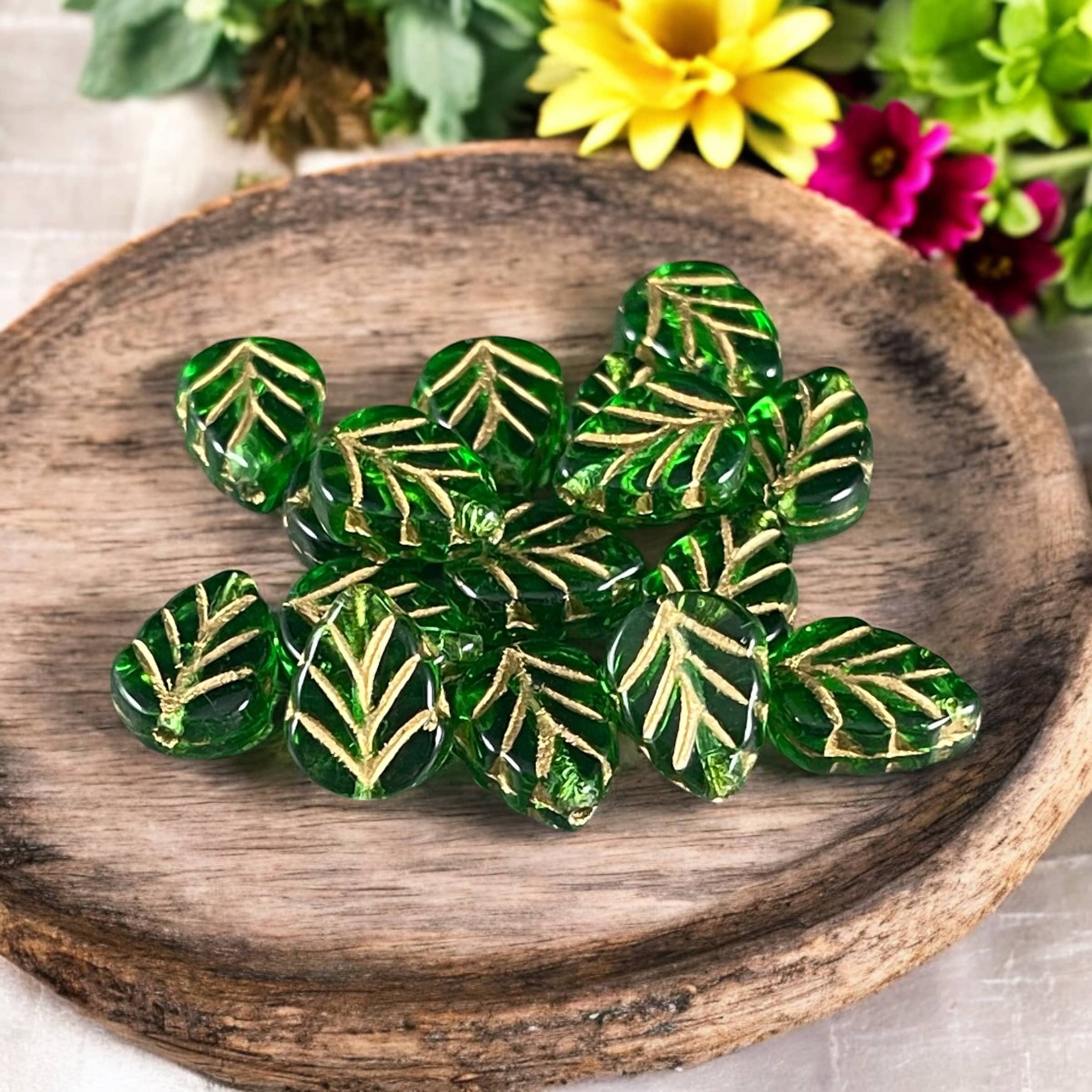 Czech Glass Beads - Emerald Green Leaf with Gold Wash, Mint Leaf, 10x8mm Center Drilled, Transparent Green Leaf Bead (Mint24) * Qty. 16