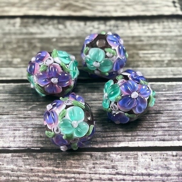 Purple and Blue Lampwork Flower Beads  14mm Floral Theme Lampwork Beads * Qty. 2