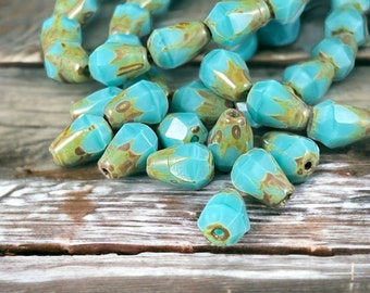 8mm Blue Teardrop Beads  Turquoise Picasso Czech Glass Beads  8mm Turquoise Silk Picasso Faceted Teardrops (DRO/RJ-2064) * Qty. 15