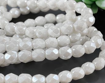 Czech Glass Beads - 6mm Faceted Round Glass Beads, White with Luster Finish (FP6/N-160) * Qty 25