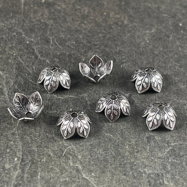 Silver Leaf Embossed Bead Caps, Oxidized Silver Plated Brass Bead Caps, 8mm Bead Caps, Silver Floral Bead Caps VJS-R408 image 3