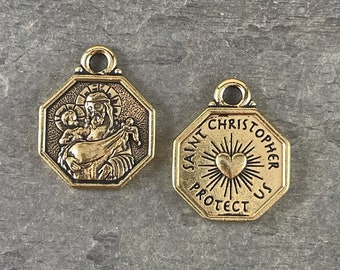 TierraCast Charms  St. Christopher Drop  Keep The Faith Collection  Antiqued Gold Double Sided Pendant (TC/2584-26) * Qty. 2