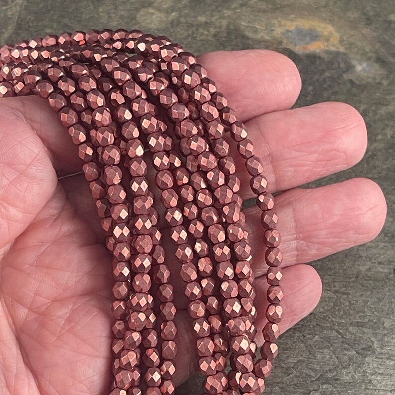 Rose Gold Czech Glass Beads 4mm Fire Polished Beads Faceted Round Beads Coppery Pink Metallic Beads FP4/SM-08A02 Qty. 50 image 2