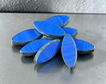 Czech Glass - 17x7mm Table Cut Marquise Spindle Bead, Royal Blue Picasso (Spndl-28) * 8 Beads