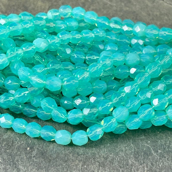 6mm Green Opal, Faceted Round, Czech Glass Beads ~ Pastel Milky Green Glass Beads (FP6/6110) * Qty 25