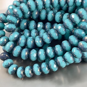 Czech Glass Beads - 7x5mm Sky Blue with Bronze Picasso Beads, Faceted Rondelle (R7/N-0689) * Qty. 25