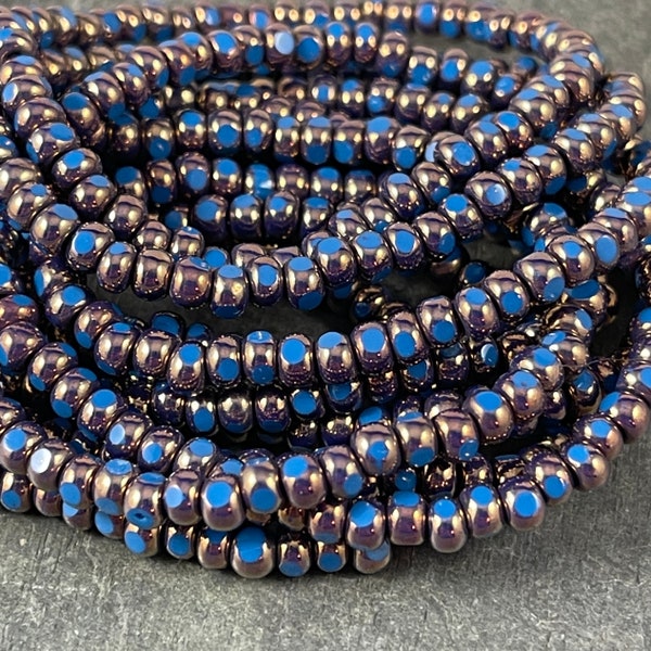 Lapis Blue Picasso Seed Beads  Tri Cut Faceted Czech Glass Bead  4x3mm Lapis Beads with Bronze Finish (TRICA/RJ-2448) - Qty. 50