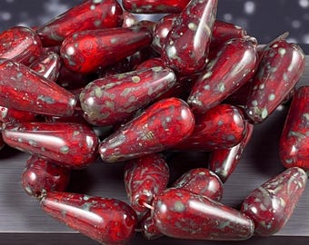 Czech Glass Beads - 20x9mm Elongated Red Picasso Teardrop Beads (DAN/N-1213) * Qty. 6