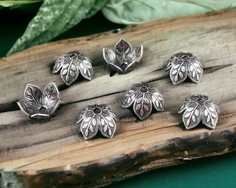 Silver Leaf Embossed Bead Caps, Oxidized Silver Plated Brass Bead Caps, 8mm Bead Caps, Silver Floral Bead Caps (VJS-R408) *