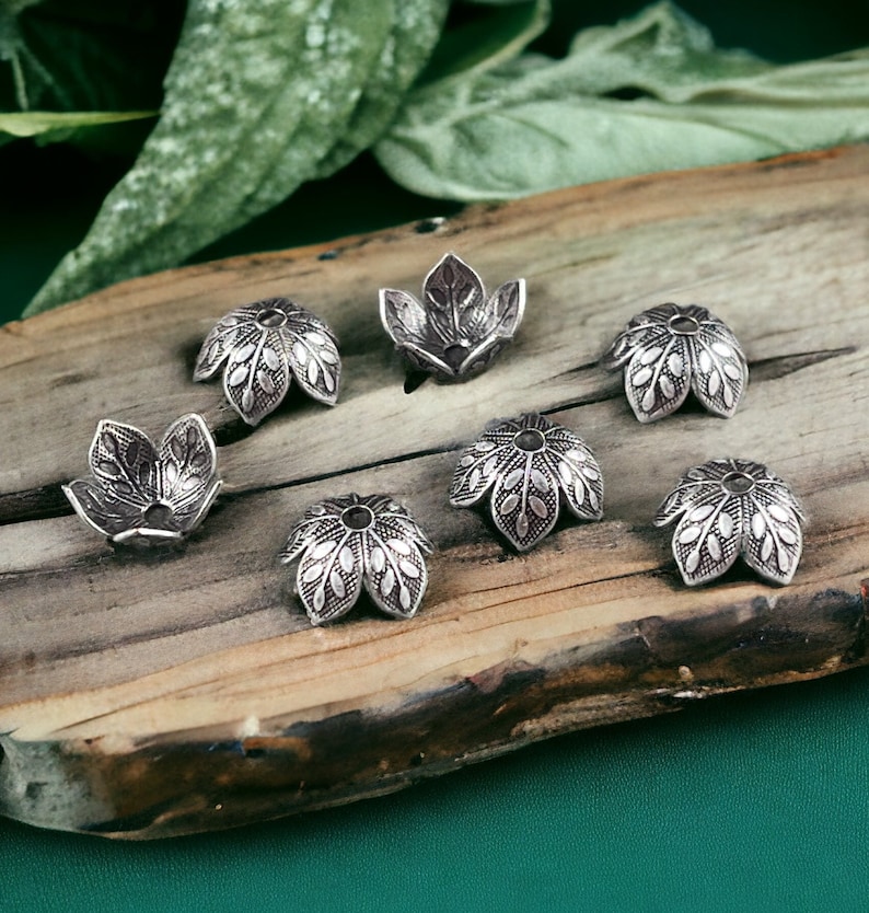 Silver Leaf Embossed Bead Caps, Oxidized Silver Plated Brass Bead Caps, 8mm Bead Caps, Silver Floral Bead Caps VJS-R408 image 1