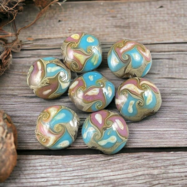 Lampwork Beads, Mauve Pink, Sky Blue and Cream with Gold Marble, 18-20mm Lentil Shape Glass Beads * Qty. 3