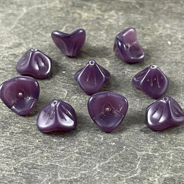 Plum Purple Flower  Dark Purple 3-Petal Flower Beads  Czech Glass Beads  Opaque Flower  12x9mm Bell Flower Bead (FLLB/RJ-1081) * Qty. 8