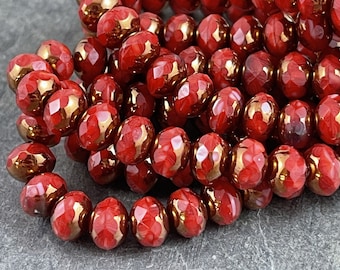 Czech Glass Beads, 7x5mm Rondelle - Opaque Coral Red Glass Beads with Bronze Picasso (R7/N-1583) - Qty. 25