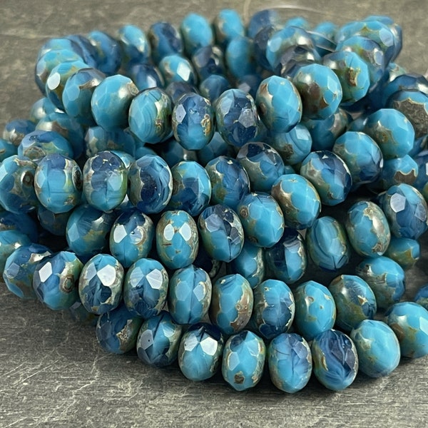 Turquoise Blue Rondelles  Czech Beads  8x6mm Rondelle  Czech Glass Beads - Turquoise and Capri Blue with Picasso Finish (R8/RJ-2743) *