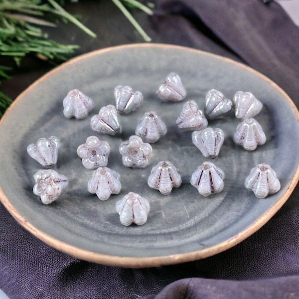 Opaque Pale Pastel Lavender Flower,  6x4mm Czech Glass Beads - 6x4mm Baby Bell Flower (FL/SM-P15726) * Qty. 50