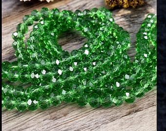Transparent Green 8x6mm Rondelle, Grass Green Faceted Glass Beads (GreenGrass-8) * 36 Beads