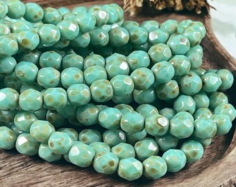 Czech Beads - 6mm Faceted Round, Turquoise Picasso Beads (FP6/N-094) * 25 Beads