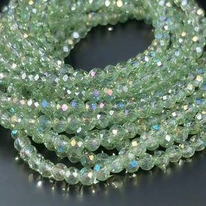 Transparent Light Green 4x3mm Faceted Glass Beads, Pastel Green with AB Finish (LtGreenAB-4) * 100 Beads