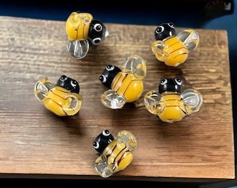 Bee Beads, Yellow and Black Bumble Bees, Lamp Work Beads - Bumble Bee Lampwork Beads - 13mm - Select Pair or Individual from Options