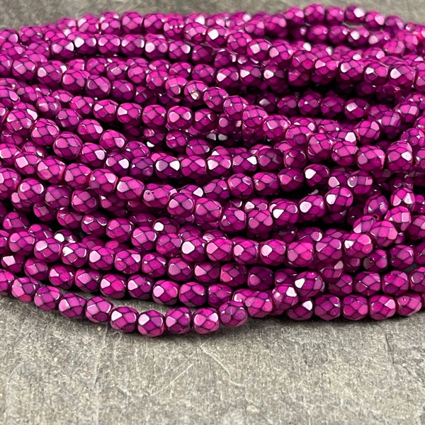 Fuchsia Pink Beads  4mm Czech Glass Faceted Round Beads - Fuchsia and Black Serpentine (FP4/RJ-1839) * Qty. 50