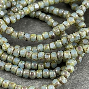 Czech Glass Seed Beads  Milky Aqua Faceted Tri-cut 6/0 Seed Bead  4x3mm Aqua Picasso Seed Beads (TRICA/N-1209B) * Qty. 50