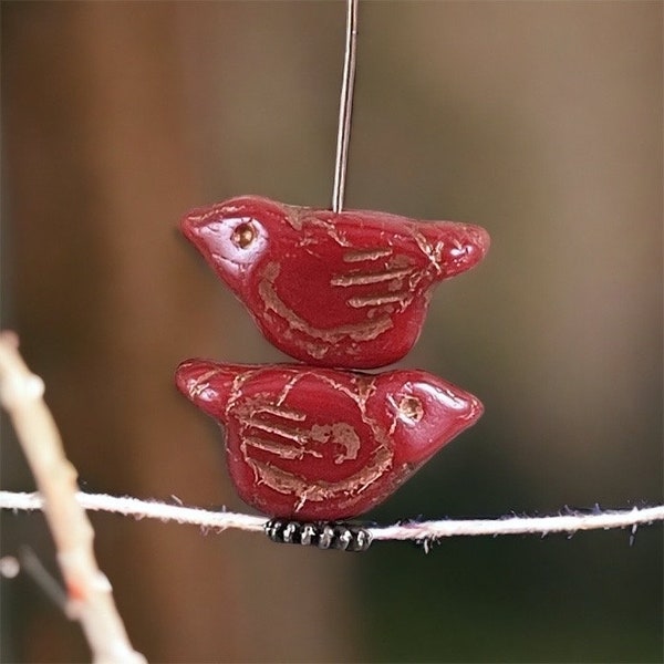 Czech Glass Beads  Bright Red with Copper Wash  Nature Theme Beads  Bird Focal Beads  11x22mm Chunky Bird Beads (N-0737) * Qty. 2