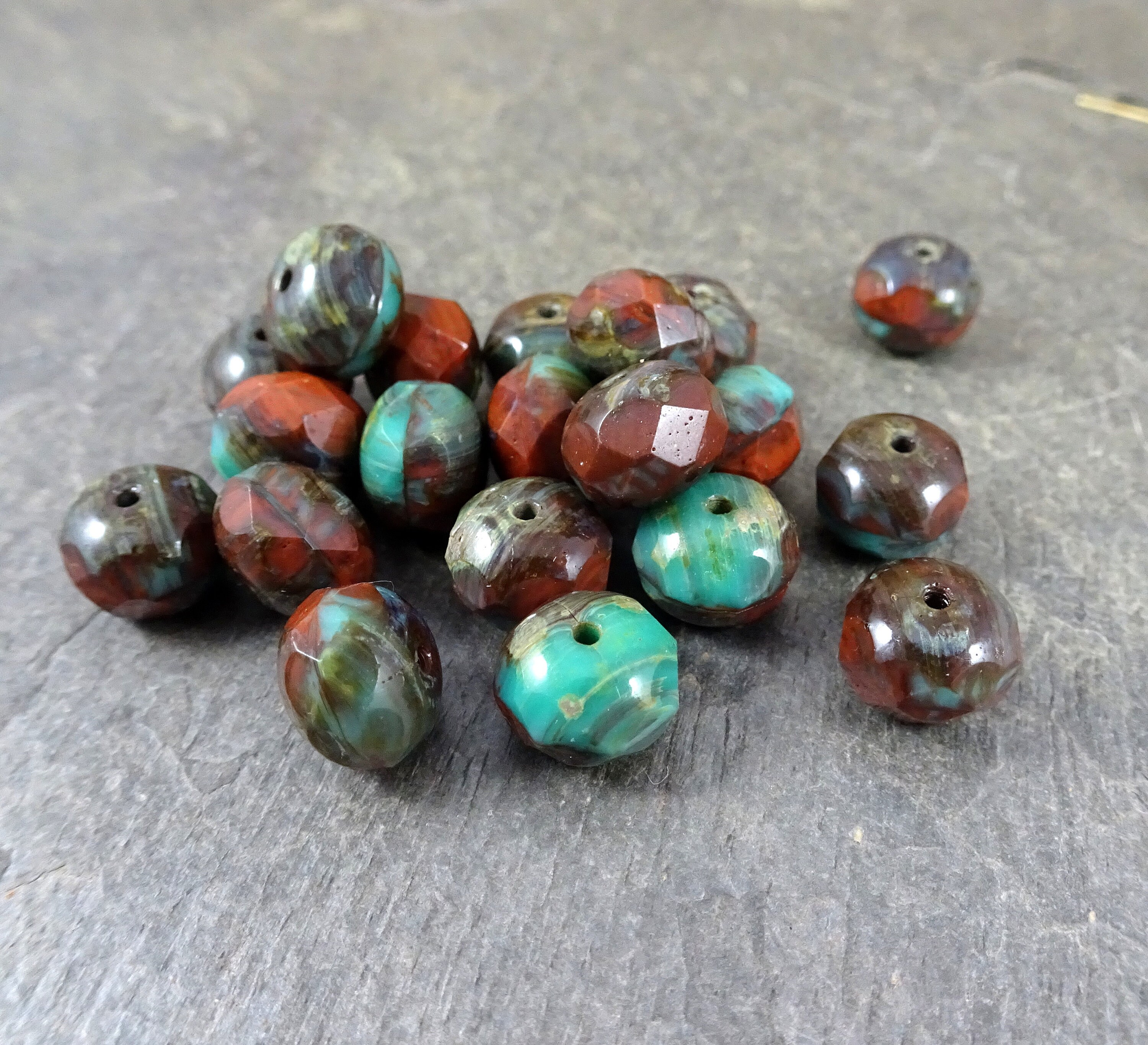Turquoise and Brown Rondelles, Two Tone Czech Beads, 8x6mm Rondelle, …