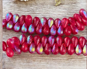 Czech Glass Beads - Scarlet Red Briolette Tear Drop Beads, Etched with AB Finish (BTD/69D) * Qty. 25