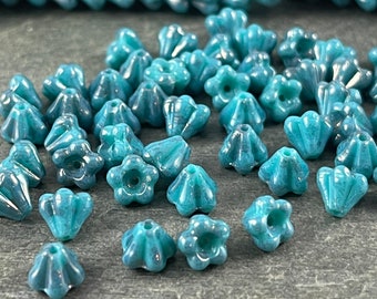 Turquoise Picasso Baby Bell Flower Beads  Czech Glass Beads -  6x4mm Flower  Turquoise with Purple Bronze Luster (FL/SM-UL63130) * Qty. 50