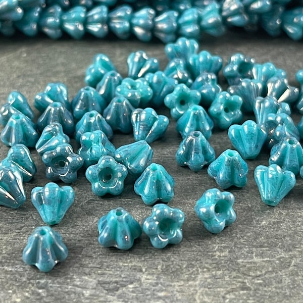 Turquoise Picasso Baby Bell Flower Beads  Czech Glass Beads -  6x4mm Flower  Turquoise with Purple Bronze Luster (FL/SM-UL63130) * Qty. 50