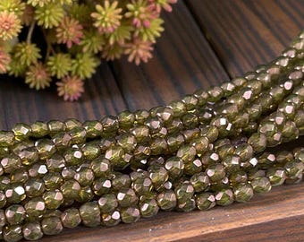 Czech Glass Beads - 4mm Faceted Round, Transparent Olive Green with AB (FP4/OT) * Qty. 50