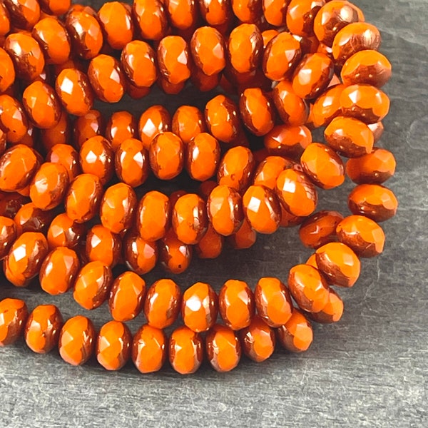 5x3mm Bright Orange Faceted Czech Glass Rondelles ~ Opaque Orange with Bronze Picasso ~ Fluorescent Orange Spacer (R5/N-1140) * Qty. 30