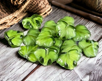 Green Leaf Beads ~ 10x13mm Maple Leaf Beads Czech Glass Beads ~ Transparent Green with White Core (L/RJ-0480) * Qty. 10