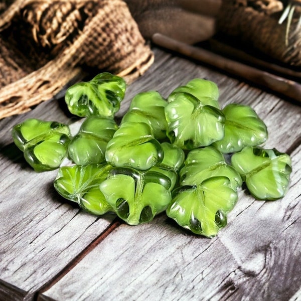 Green Leaf Beads ~ 10x13mm Maple Leaf Beads Czech Glass Beads ~ Transparent Green with White Core (L/RJ-0480) * Qty. 10