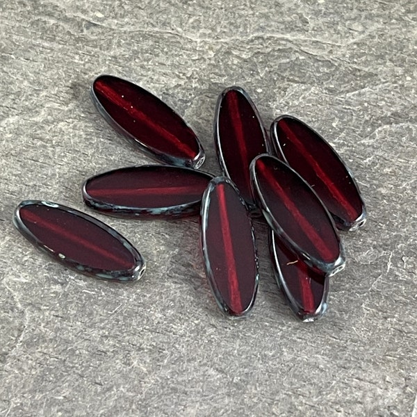 Czech Glass Beads~ 16x6mm Spindle Beads ~Transparent Ruby Red Spindle Beads - Red Picasso Oval Czech Picasso Beads (Spndl4) * Qty. 8