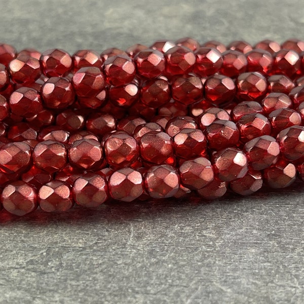 6mm Czech Glass Faceted Round Beads ~ Fire Red Glass with Golden Glow ~ Cardinal Halo Luster (FP6/SM-29256) * Qty 25