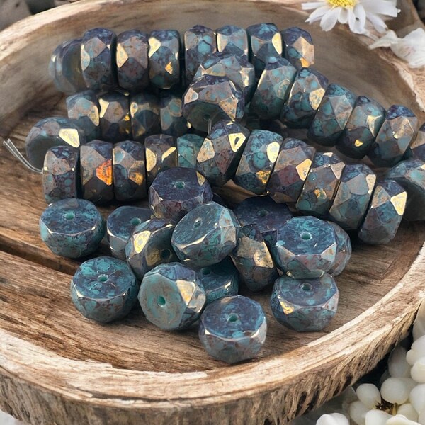 Czech Glass Beads - 6mm Bronzed Teal Blue Faceted Heishi Rondelle, Teal with Indigo Bronze Picasso Finish (FHE/N-0374) * 15 Beads