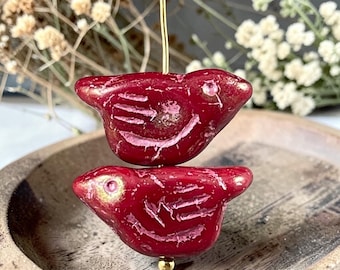 Czech Glass Beads - 11x22mm Chunky Bird, Cranberry Red with Pink Wash (N-0733) * 3 Beads