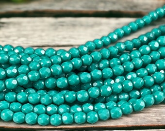 Turquoise Green Czech Glass Beads, 4mm Fire Polished Faceted Round Beads - Persian Turquoise Opaque (FP4/SM-6315) * Qty. 50