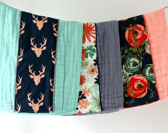 Coral Woodland Floral Black Newborn Burp Rag Baby Gift Hand Dyed Burp Cloths Baby Essentials Baby Burp Cloth Set of 3