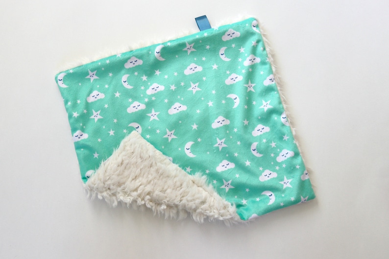 Personalized Lovey Mini Baby Blanket Baby Shower Gift. Security Blanket Aqua Cloud Moons Faux Fur Lovey Minky Lovie Dream Lovie