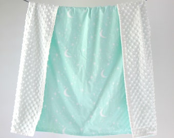 Minky Baby Blanket. Toddler Cot Blanket. Twinkly Phases with White Minky Dot. Cotton Minky Blanket. Monogram Blanket. Baby Shower Gift