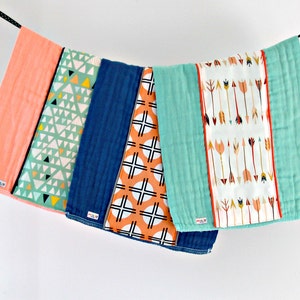 Baby Burp Cloth Set of 3, Peach Arrows and Triangles, Hand Dyed Burp Cloths, Baby Gift, Baby Essentials, Newborn Burp Rag