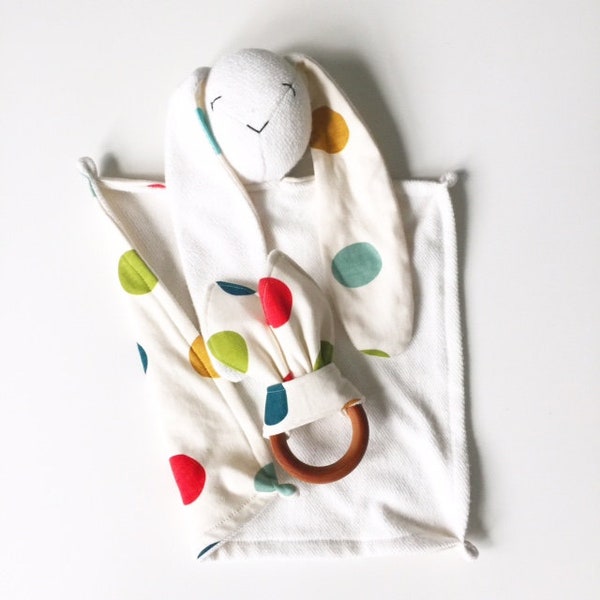 Organic Lovey.  Bunny Lovey. Animal Lovie. Colorful Mod Dots. Security Blanket. Mini Baby Blanket. Personalized Lovie. Baby Essentials.
