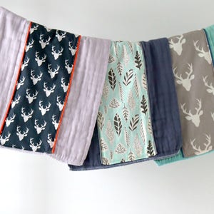 Baby Burp Cloth Set of 3, Navy Gray Buck and Leaves, Hand Dyed Burp Cloths, Baby Gift, Baby Essentials, Newborn Burp Rag